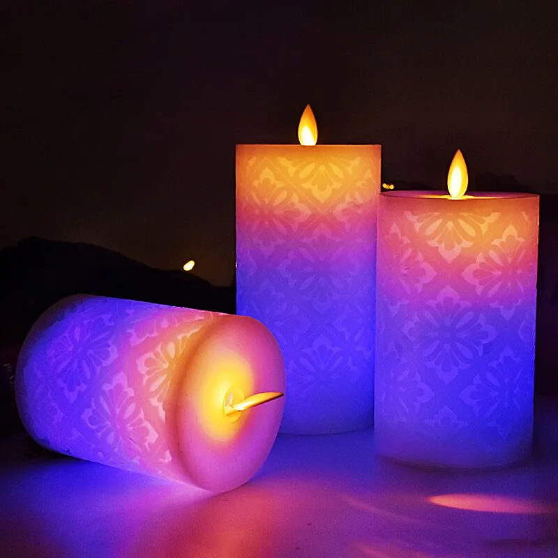 Color Changing LED Candle Carved 3D Moroccan Designs Paraffin candles Flickering Moving Wick Flameless Candles w/Remote Timer