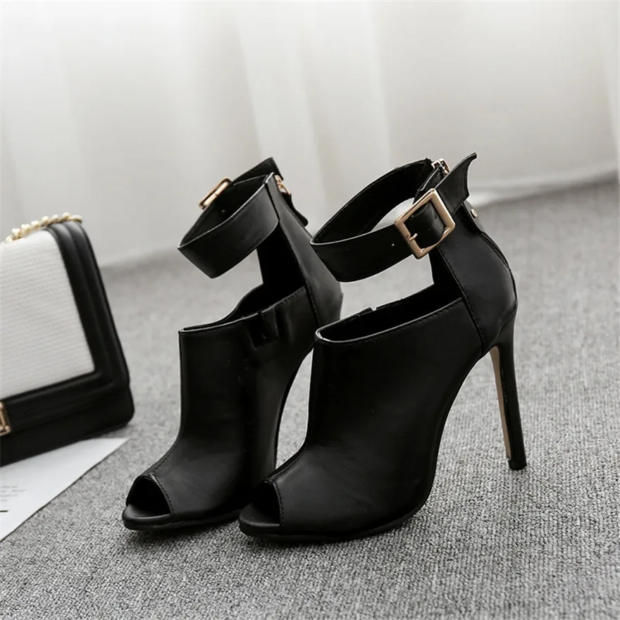 

Soft Leather Concise Women's Boots 2025 Spring Peep Toe Ankle Belt Buckle High Heels Pumps Hollow Zipper Sexy Ladies Roman Shoes