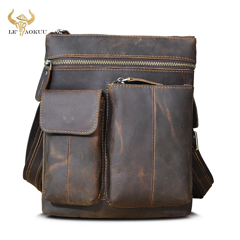 Crazy Horse Leather Male Design Vintage Travel Shoulder Messenger Cross-body Bag 10