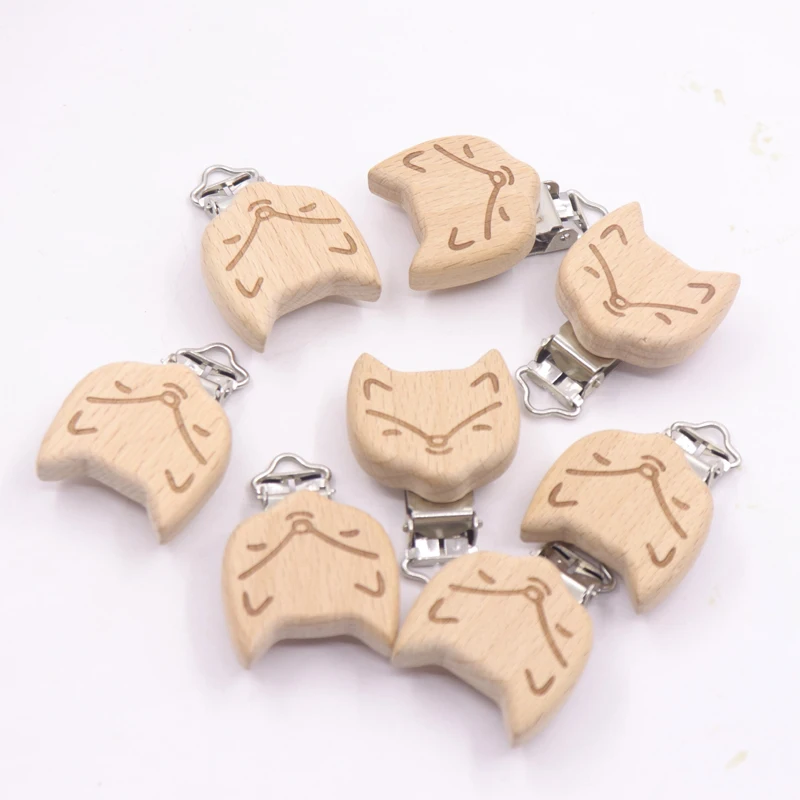 Baby Beech Wooden Clip 5pcs Baby Teether Rodent Cartoon Fox DIY Pacifier Chain Nipple Holder Accessories Nurse Gift Teething Toy