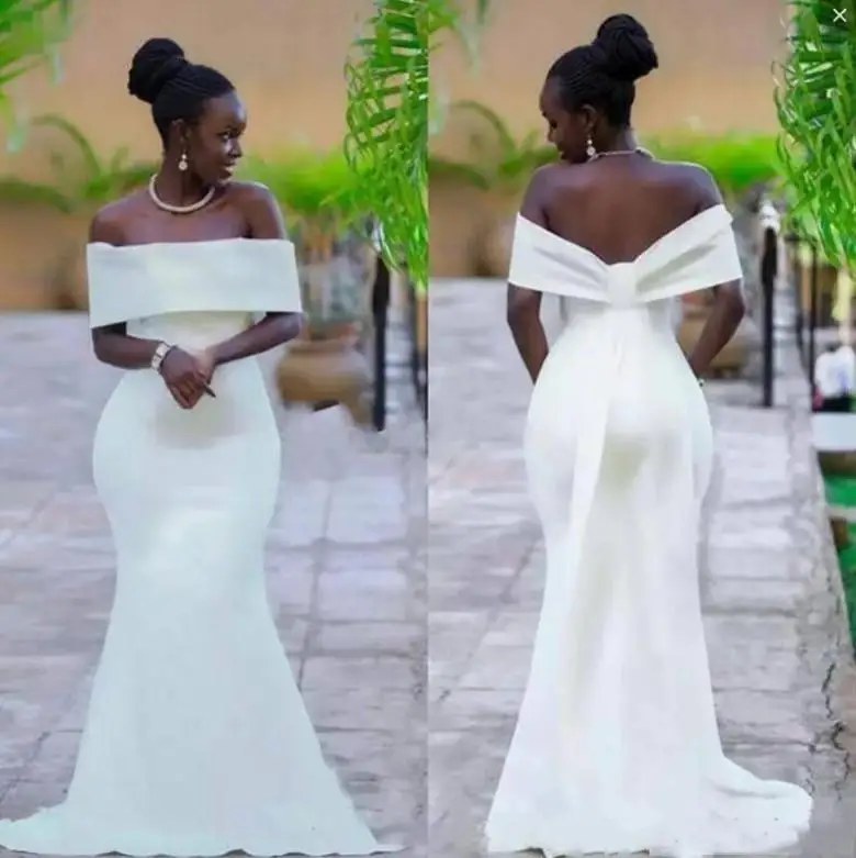 Simple Long African Wedding Dresses Off Shoulder Satin Mermaid Applique Ruch Plus Bridal Gowns