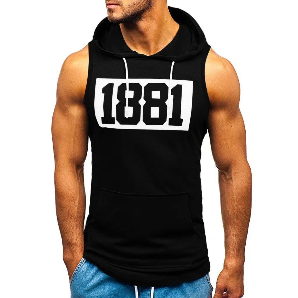 Sports Tank Tops Men Fitness Muscle Print Sleeveless Hooded Bodybuilding Pocket Tight-drying Tops Summer Shirt For Men Clothing