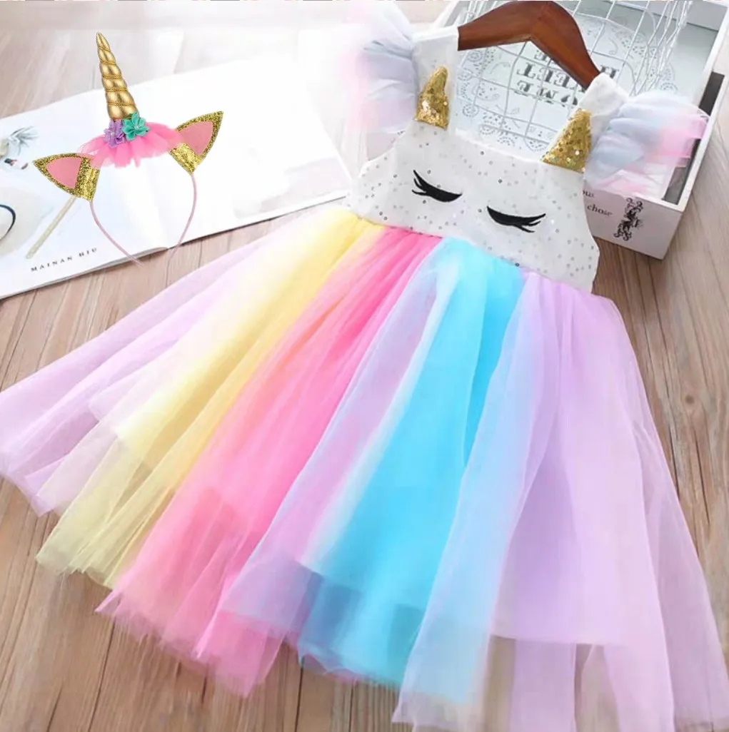 Summer Baby Kids Girls Rainbow Unicorn Dress Birthday Tulle Fashion Princess Dress Fleap Sleeves Tulle Princess Wear Summer