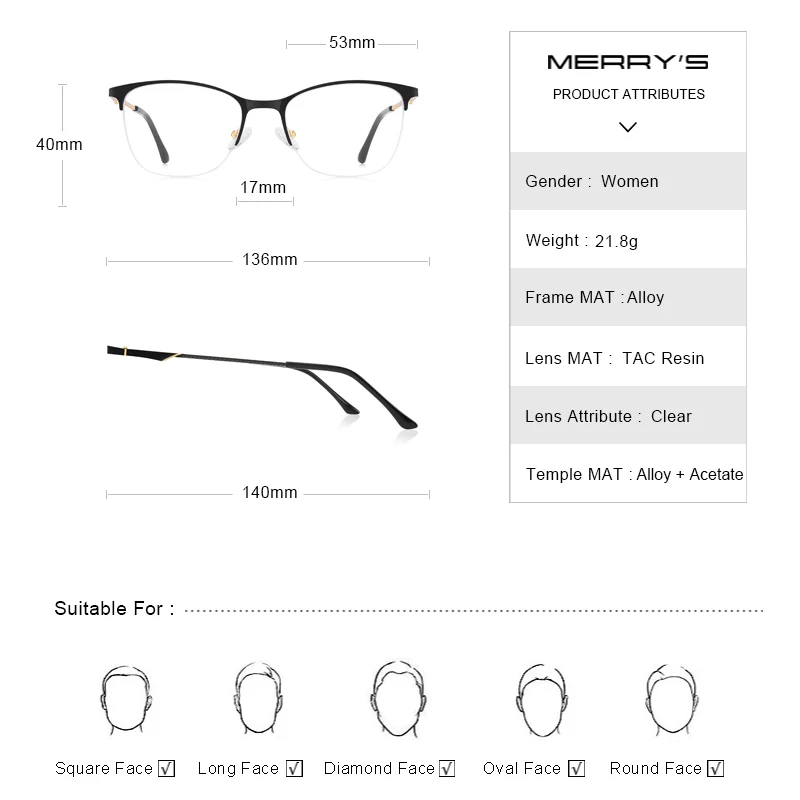 MERRYS-gafas con diseño de ojo de gato para mujer, lentes ópticas de medio marco para miopía, a la moda, graduadas, S2006