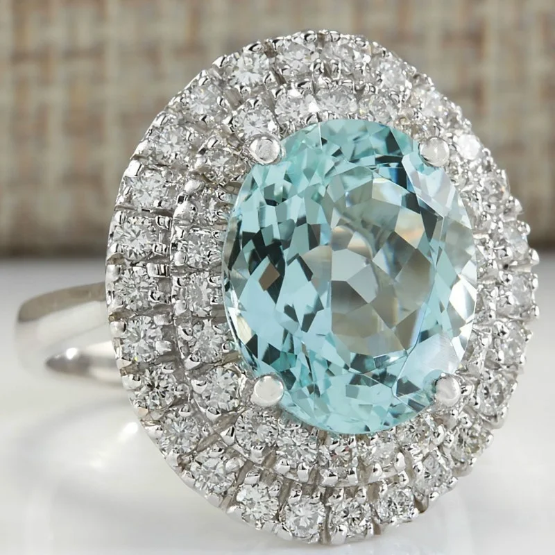 Luxury Women Light Blue Oval Cut Zircon Rings for Wedding Engagement Promise Bridal Set Jewelry