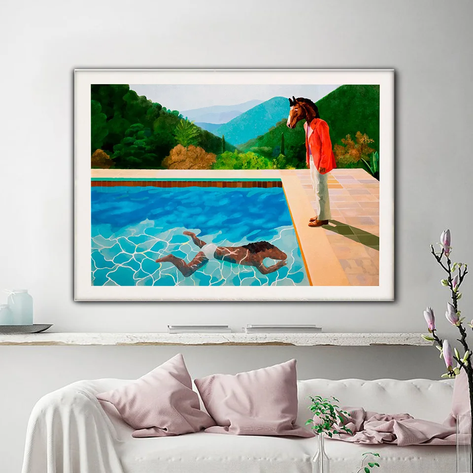 Print Poster David Hockney Inspired Two Horses Swimming Pool Canvas Painting Art Cartoon Picture Living Room Home Decor