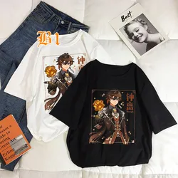 Cartoon Cosplay Tshirt Zhongli Genshin Impact Game Clothes Print Graphic T Shirt Crewneck TShirt Aesthetic for Women Streetwear
