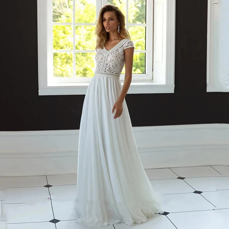 Robe de mariée bohème à col en V pour femme, mousseline de soie, manches courtes, ligne A, dentelle appliquée, train de balayage, robe éducative, sur mesure, 2024