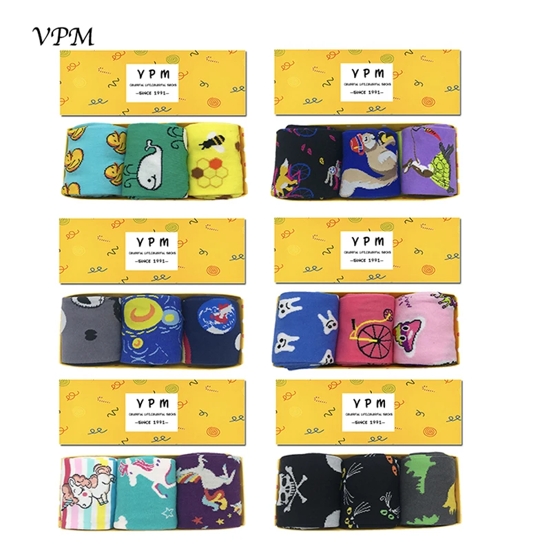 VPM Gift Box Cotton Stockings Harajuku Cute Art Paint Oil Unicorn Dino Cat Bee Skull Knee High Women Long Warm Winter Girl Sox