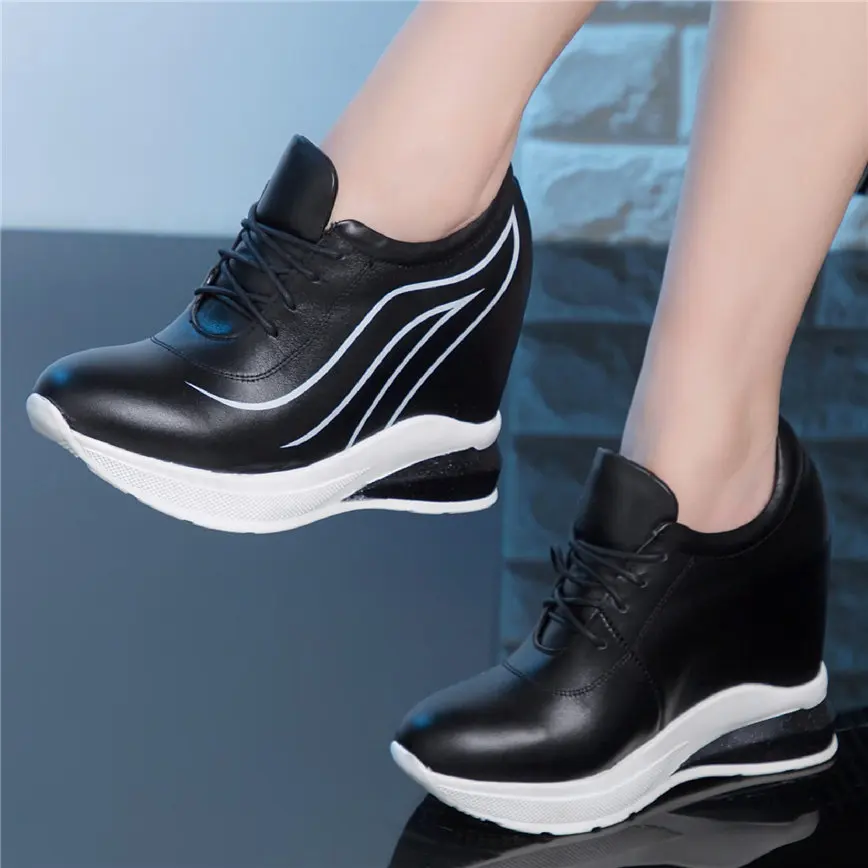 New Trainers Women Lace Up Genuine Leather Wedges High Heel Platform Pumps Shoes Female Round Toe Fashion Sneakers Casual Shoes