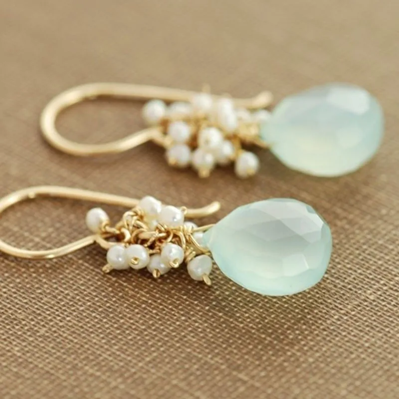 Seafoam Chalcedony Seed Pearl Earrings Handmade Gold Dangle Earrings with Pearl Clusters