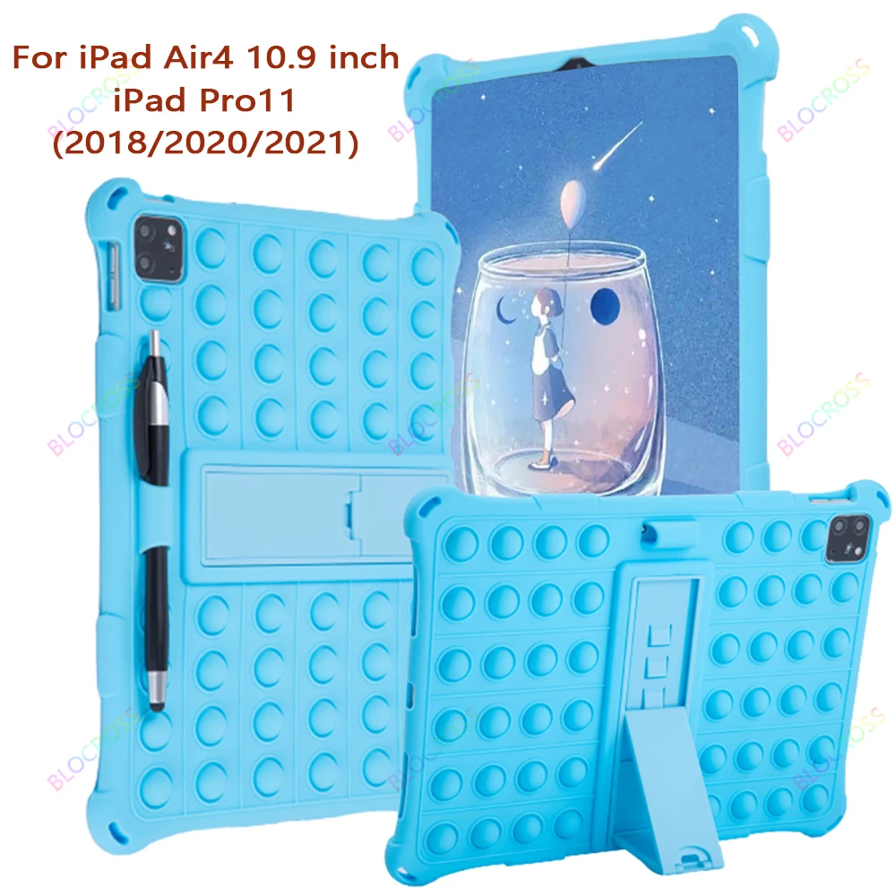 New Kids Case for Ipad Pro11(A1980 A2013/A1934/A1979)Bubble Unzip Non-toxic Silicone Stand with Shoulder Strap Pen for Ipad Air4