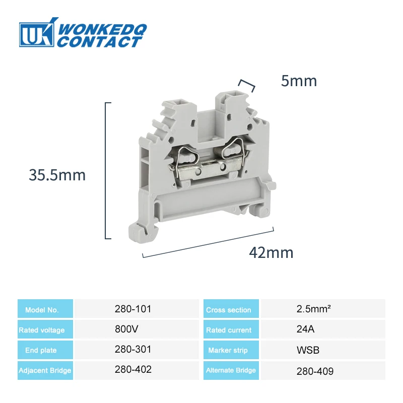 10Pcs 280-101 Spring-Cage Connection Mount 2-Conductor Plug 2.5 mm² 280 101 Clamp Wire Connector Din Rail Terminal Block