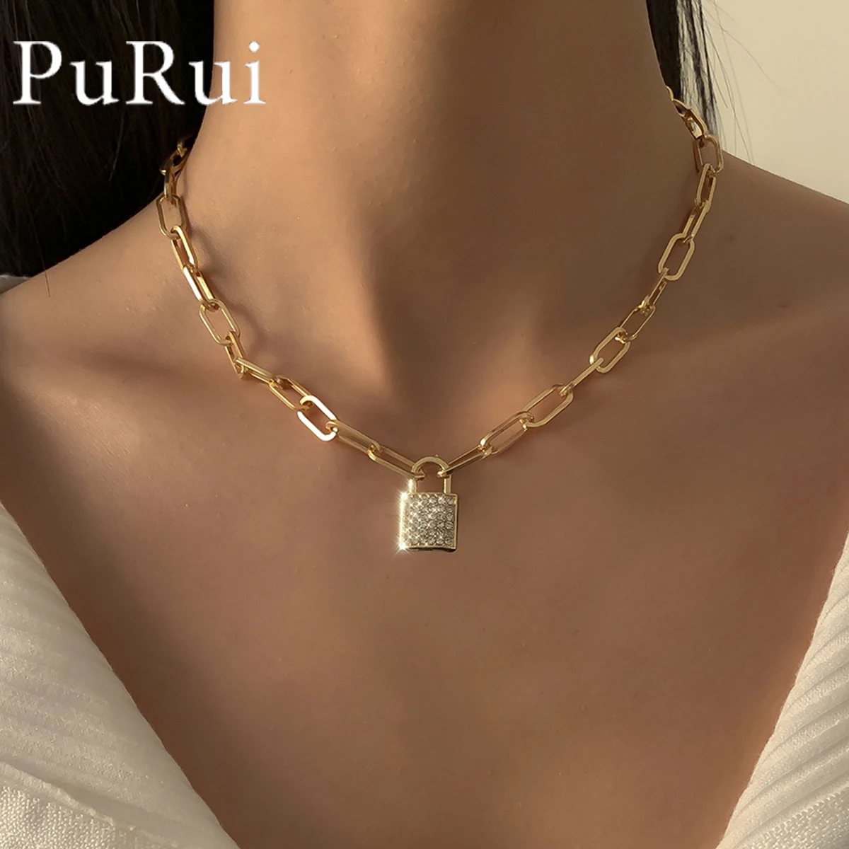 Shiny Crystal Lock Pendant Necklace for Women 2021 Punk Paperclip Chain Rock Choker Padlock Necklaces Gothic Neck Jewelry Gifts