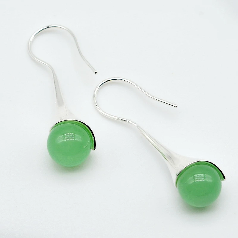 Women\'s Silver Earrings Green Jade Ball Pendant 925 Sterling Silver Jade Earrings Women\'s Long Earrings Mother Gifts