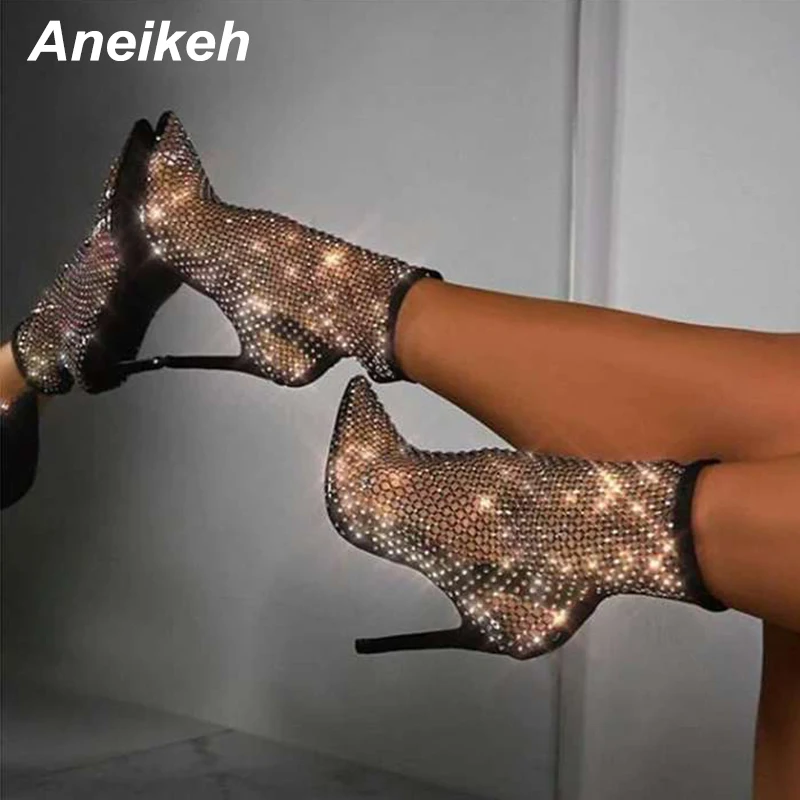 Aneikeh Summer Bling Bling Rhinestone Mesh Pointed toe Sandals Ankle Boots Stiletto High Heels Female Crystal Mesh Shoes Sandals