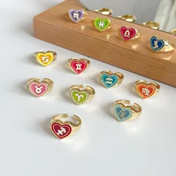 Minimalist Zodiac Sign Rings for Women Cute Enamel Ring 12 Constellation Heart Rings Finger Accessorise Personality Jewelry Gift