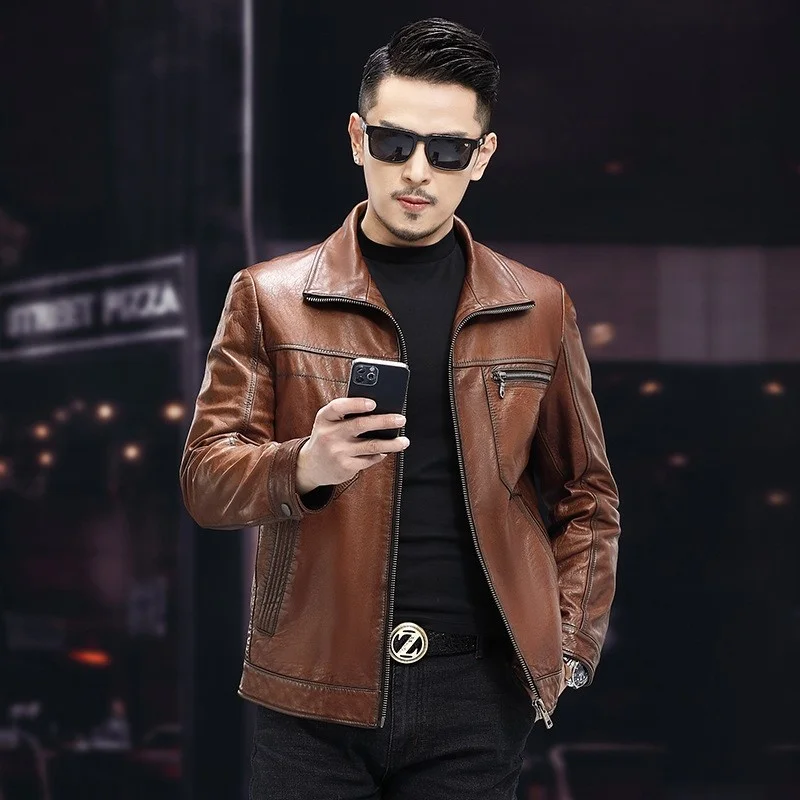 Fashion New Mens Oil Wax Goatskin Work Jacket Business Man Slim Fit Genuine Leather Jacket Windproof Moto Biker Outerwear Coat