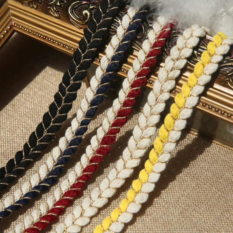 3M 1.5cm Wide Gold Line Cotton Braid Webbing Lace Ribbon Twisted Rope DIY Scarf Jewelry Apparel Home Crafts Sewing Accessories