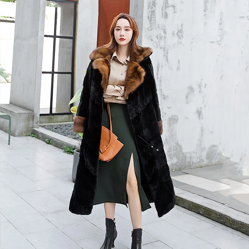 Ftangaiur Winter Import Purple Standard Velvet Mink Fur Coat Women Sable Fur Collar X-Long Natural Real Mink Fur Coats