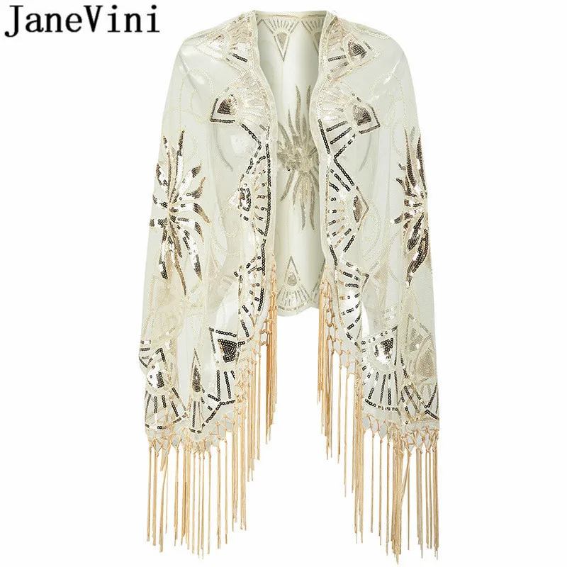 JaneVini Bling Silver Sequins Bridal Shawls Wraps Capes Beaded Gold Bolero Sequin Estola Tassel Shrugs for Women Evening Dress