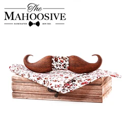 Mahoosive 3D mustache Sapele Wooden bow tie for men gift Foral flower pattern pocket square bow tie set