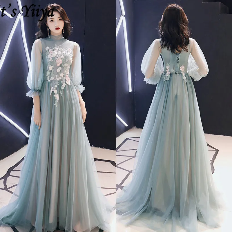 

It's Yiiya Evening Dress Vintage High Collar Appliques Lace Robe De Soiree LF160 Three Quarter Sleeve A-Line Women Party Dresses