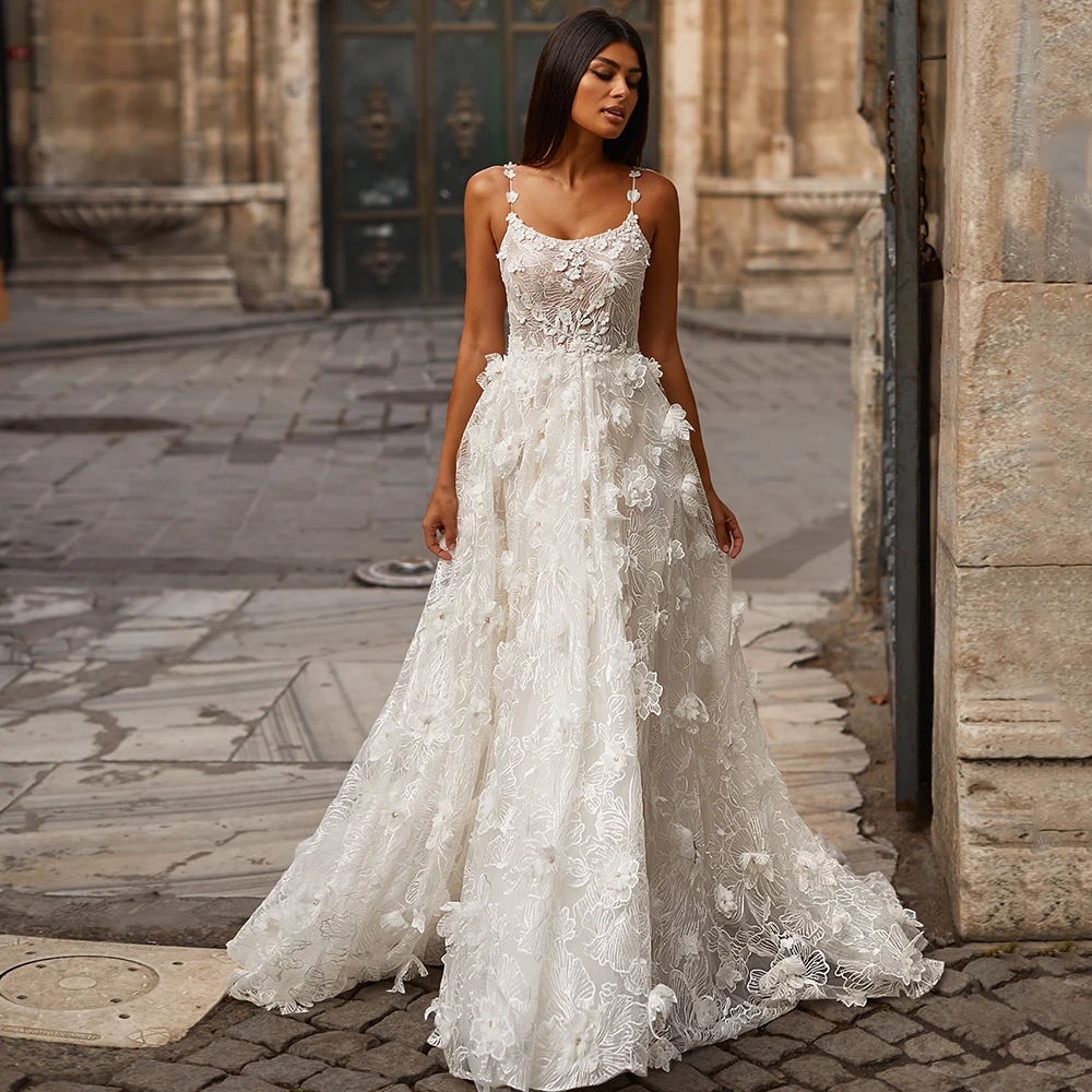 Robe de mariée exquise sans manches, bretelles Spaghetti, Appliques en dentelle, fleurs 3D, ligne a, fermeture éclair au dos