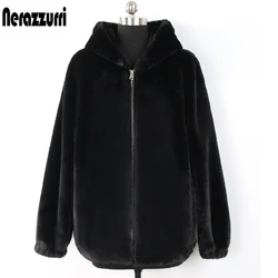 Nerazzurri Winter Black Warm Soft Fluffy jackets for Women Long Sleeve Zipper Hooded Faux Fur Coat Korean Fashion 5xl 6xl 7xl