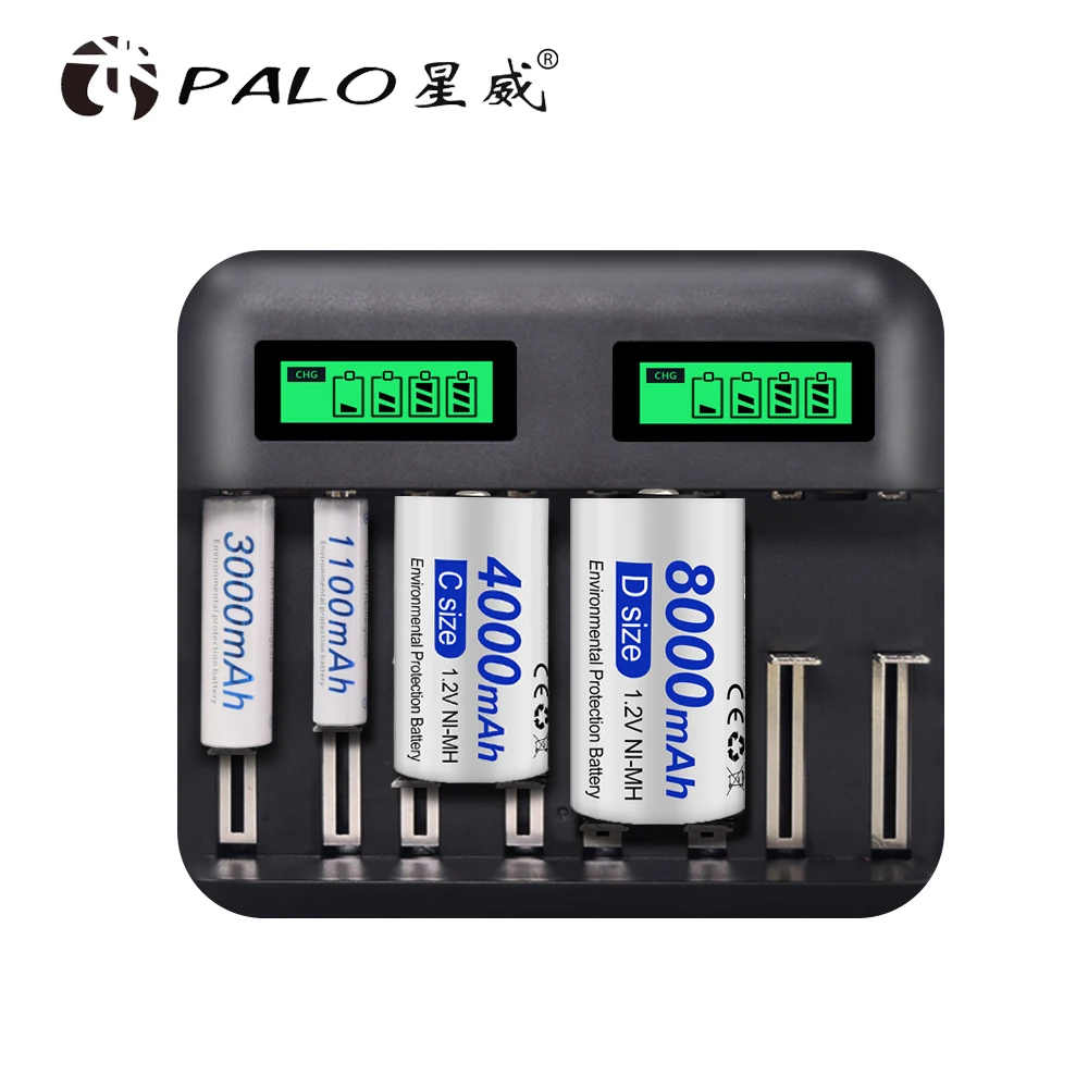 PALO Smart Fast LCD Display AA AAA C D Battery Charger Quick Charger For 1.2V Ni-MH NI-CD AA AAA C D Size rechargeable batteries