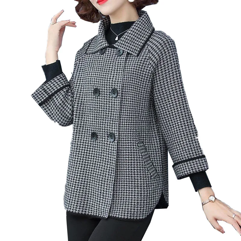 

Women Woolen Jacket Spring Autumn New 4XL Outwear Houndstooth Mother Jackets Tops 2022 Middle-Aged Lattice Woolen Coat Female