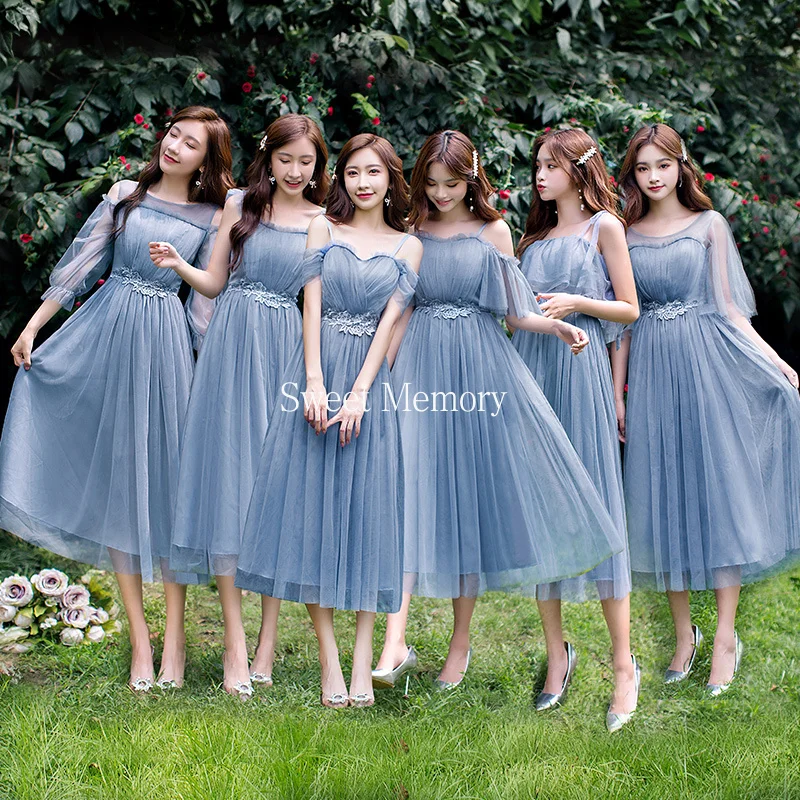 Blue Gray Pink Champagne Adult Junior Bridesmaid Dresses Lace Mesh Robes Summer Autumn Wedding Party Dress Sweet Memory