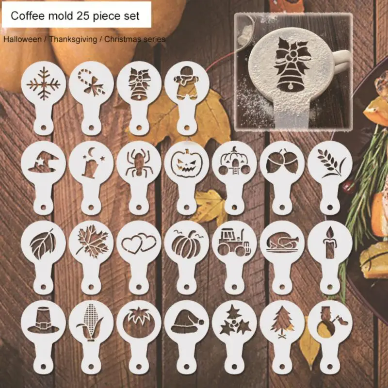 25PCS Coffee Mold Thanksgiving Christmas Halloween Fancy Coffee Cappuccino Printing Template Mould Strew Pad Duster Spray Tools