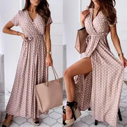 2020 Women's Dress V-neck Summer Wrap Dresses Women Fashion V Neck Short Sleeve Belt Dots Print Front Slitting Hem Long Dress