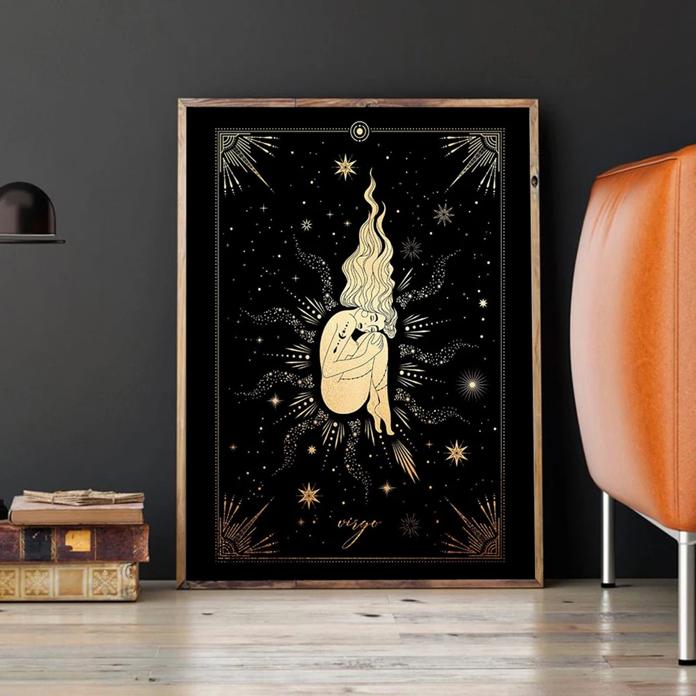 برج العذراء زودياك الذهب الأسود ستار تسجيل الفن طباعة علم التنجيم الفلكي ملصق جدار صورة ديكور المنزل هدية الحاضر جدار الفن يطبع