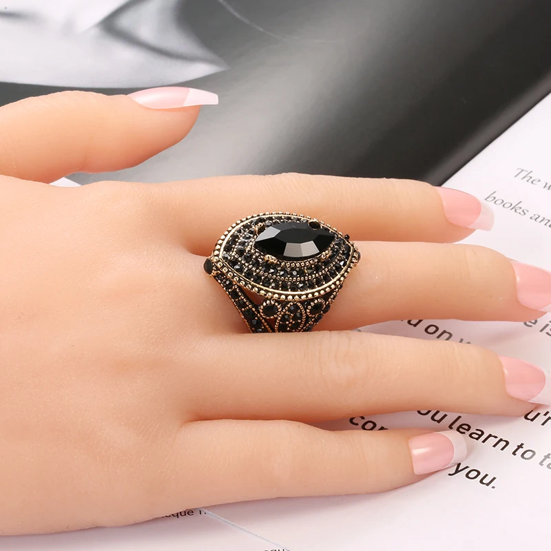 Kinel Luxury Black Antique Ring For Women Vintage Look AAA Crystal Boho Jewelry Gold Color Charm Ethnic Wedding Ring