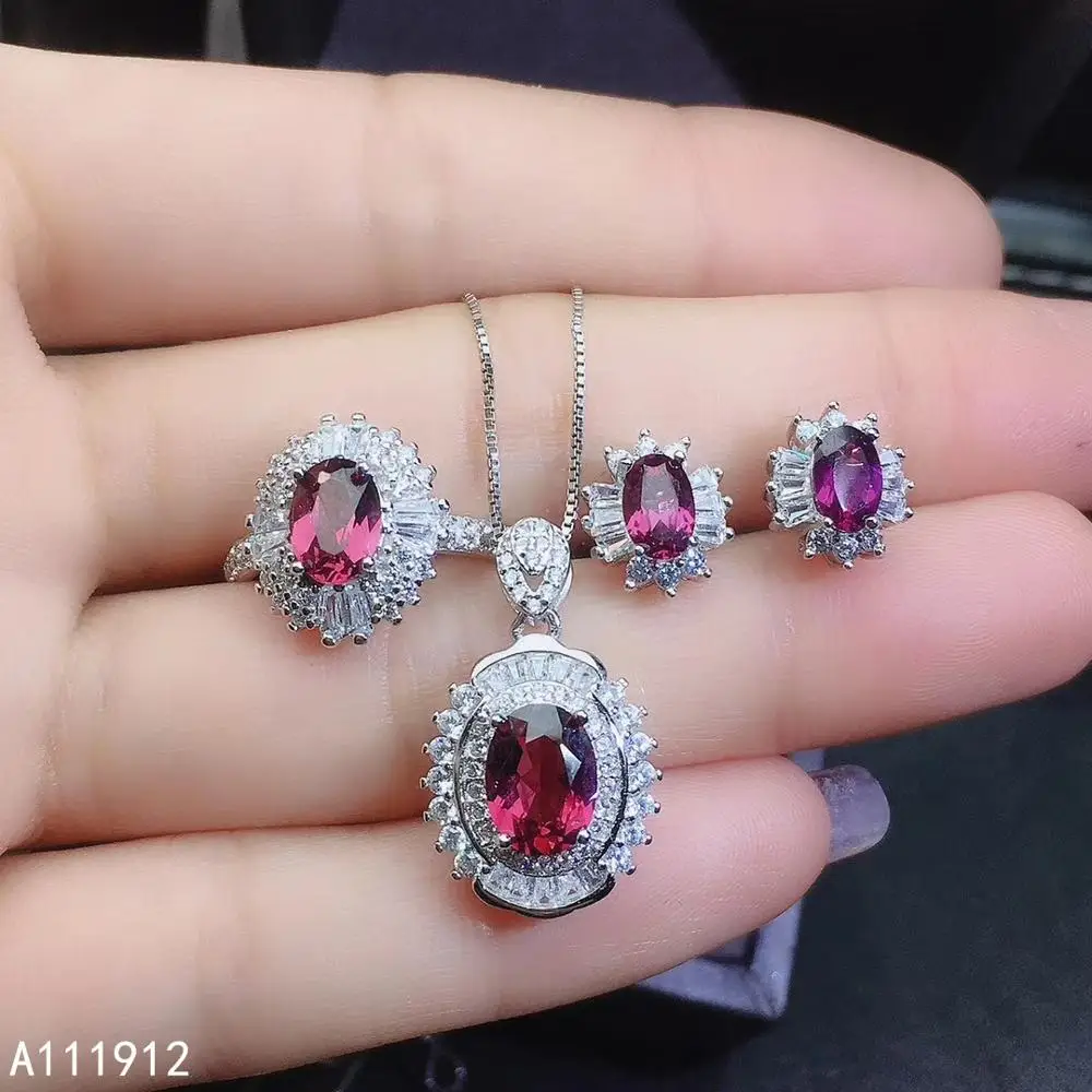 

KJJEAXCMY fine jewelry natural garnet 925 sterling silver women gemstone pendant necklace ring earrings set support test trendy