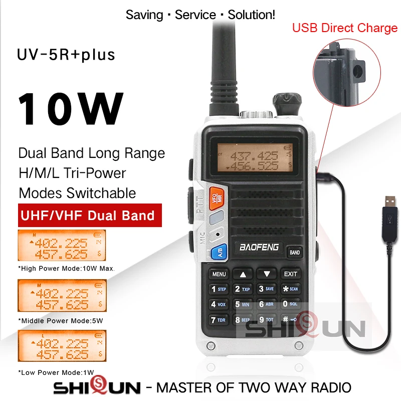 UV-5R+Plus Silver Walkie Talkie with USB Charging Long Range Baofeng 8W/10W Tri-Band UHF VHF Radio 10 km Upgrade of UV-5R UV-10R