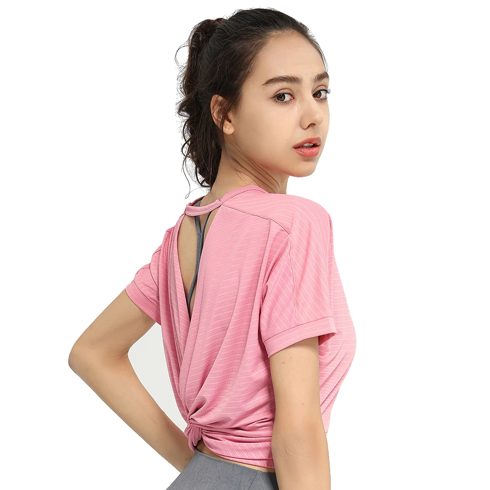 Sports Blouse Woman Casual Crop Top For Fitness Nylon Backless Breathable Gym Jogging Yoga Workout Short Sleeve Yoga Shirts