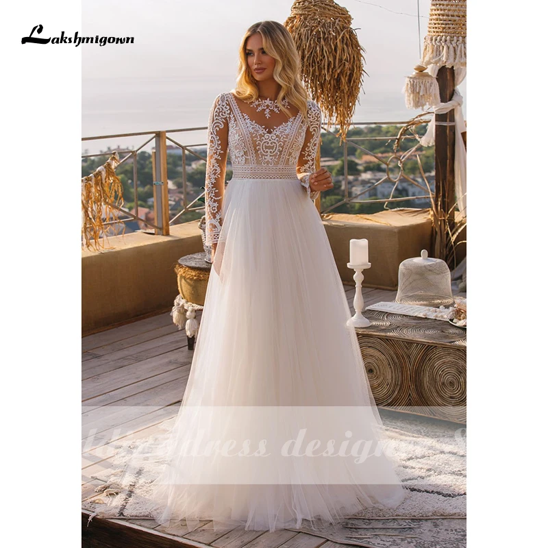 Abiti da sposa Vintage Boho A maniche lunghe 2021 vestido de novia pizzo collo alto Plus Size A Line abiti da sposa da spiaggia robe de mariee