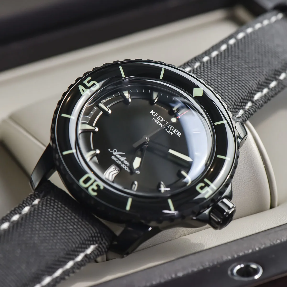 Reef Tiger/RT Super Luminous Automatic Watches for Men Black Steel Nylon Strap Dive Watch with Date RGA3035