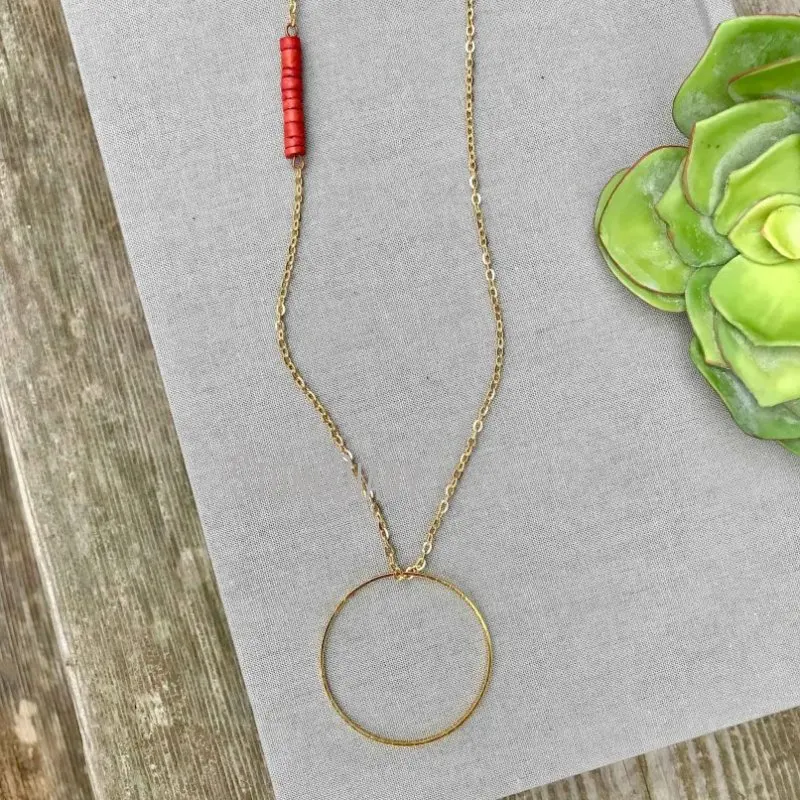 NM11587 Long Gold Necklace With Loop Circle Charm Minimalist Dainty Boho Jewelry Red Coconut Heishi Wood Beads Rust Color Bead