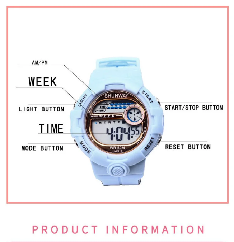 Electronic Watch for Kids Student Swimming Children Digital Sport Clock Waterproof 50M shockproof Big Battery Colorful Watch 607