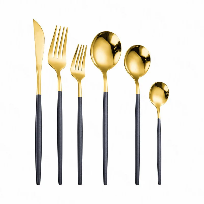 6-Piece Stainless Steel Cutlery Set Black Flatware Spoon Set Dining Knife Fork Dessert Spoon Teaspoon Dinner Gold Tableware Set