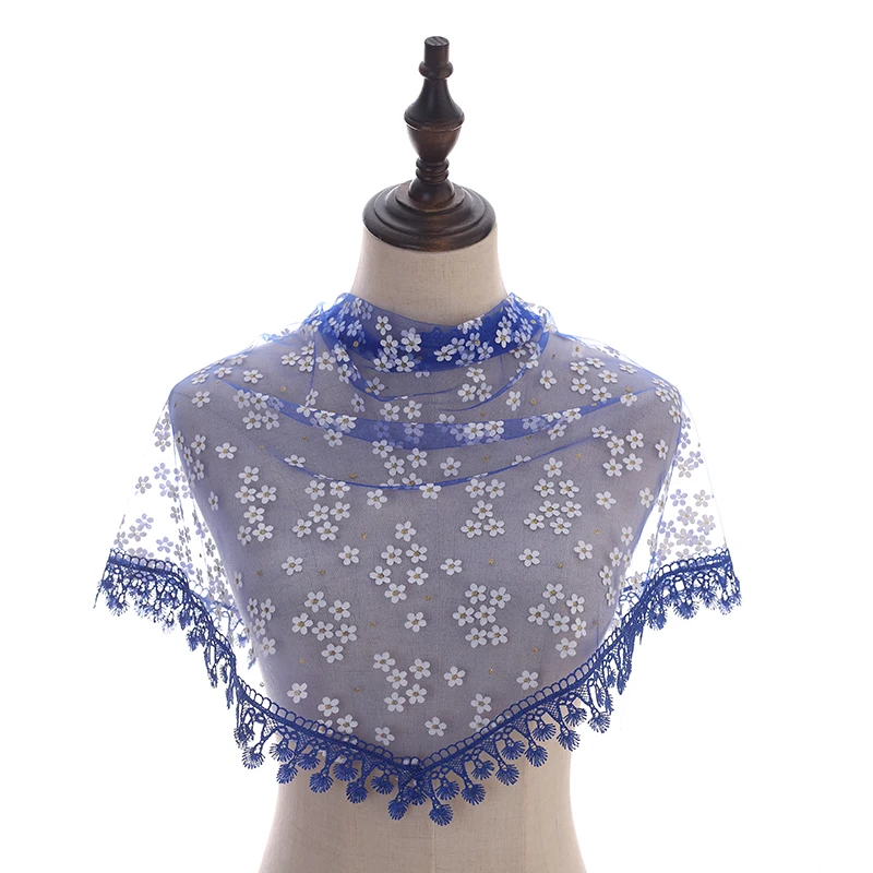 Plain Lace Triangle Scarf  Prayer Shawl White Flower Tassel Veil Women Wedding Church Headscarf Embroidered Headband