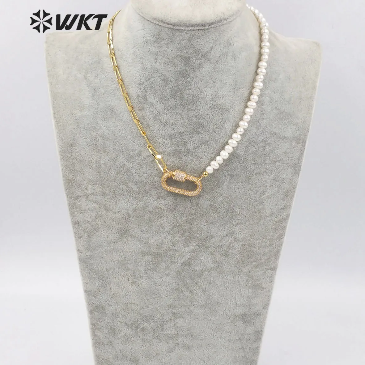 WT-MN975 Amazing Feature Gold Plated Combine Chain Necklace Lady Elegant Freshwater Pearl chain CZ Clasp Decorated