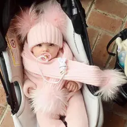 Ensemble bonnet et écharpe à pompons en fourrure naturelle véritable pour enfants, bonnet à pompons pour bébés garçons et filles, hiver, 4 pièces