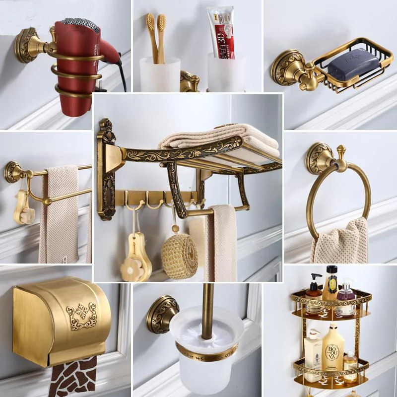 Antique Bath Hardware Accessory Set Aluminum Towel Rack/Ring Paper/Toilet Brushed Toothbrush Cup Holder Corner Shelf Soap Basket