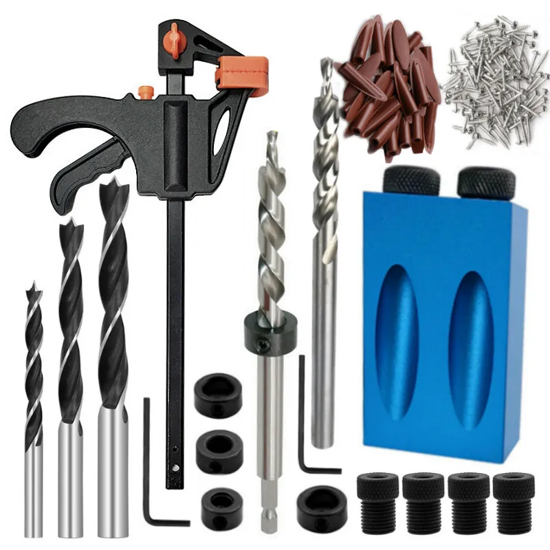 3-in-1 Pocket Hole Jig Kit, Houtbewerking Doweling Jig Kit met 6/8/10/15 mm Boortje voor Rechte Gaten, met Positioneringsclip, Instelbare Boorgeleider, Punslokalisator, Timmerwerkgereedschap