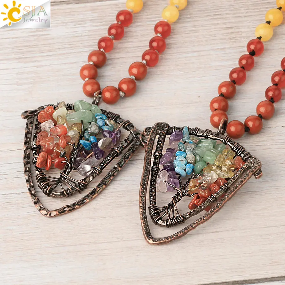 CSJA 108 Mala Bead Long Necklaces 7 Chakra Natural Stone Knotted Sweater Chain Life Tree Shield Pendants for Female Jewelry G451